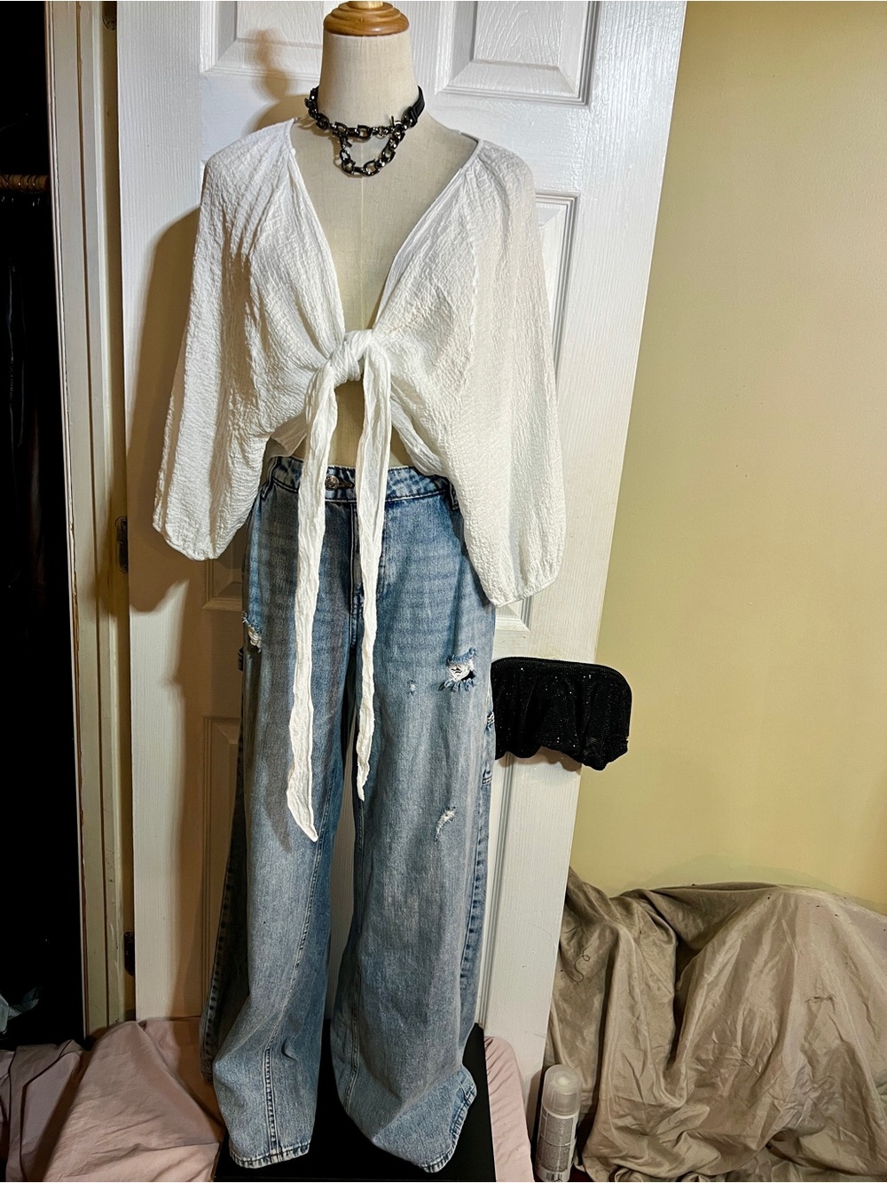 Made In Italy Wms White Cotton Crinkle Gauze Tie Front Butterfly Wrap Bolero Top